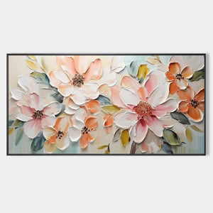 Textured impasto painting of peach blossom flowers in peach and white hues. Horizontal artwork by Isabella Rossi.