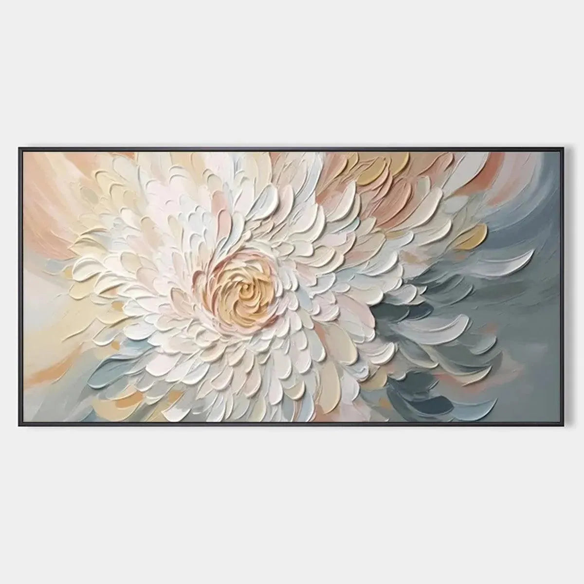 Textured impasto floral painting 'Petal Whirl' with swirling petals in cream, pink, blue-grey neutral tones, black frame.