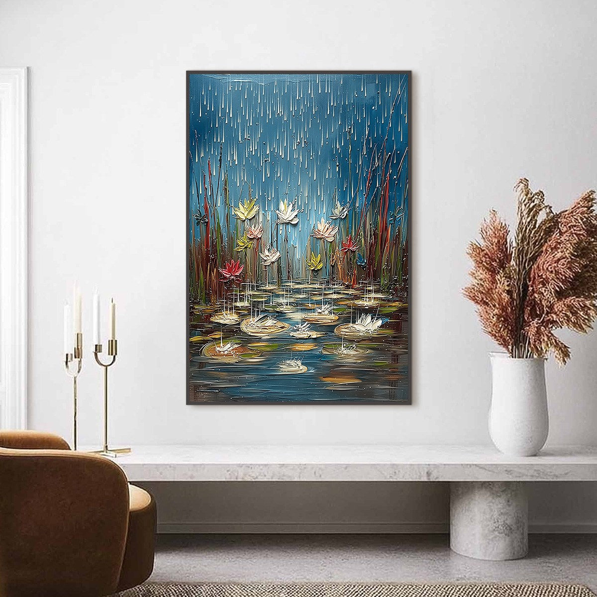 PETRICHOR BLOSSOMS: Textured Impasto Painting of Water Lilies in the Rain