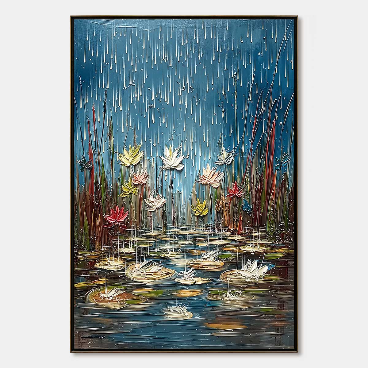 PETRICHOR BLOSSOMS: Textured Impasto Painting of Water Lilies in the Rain