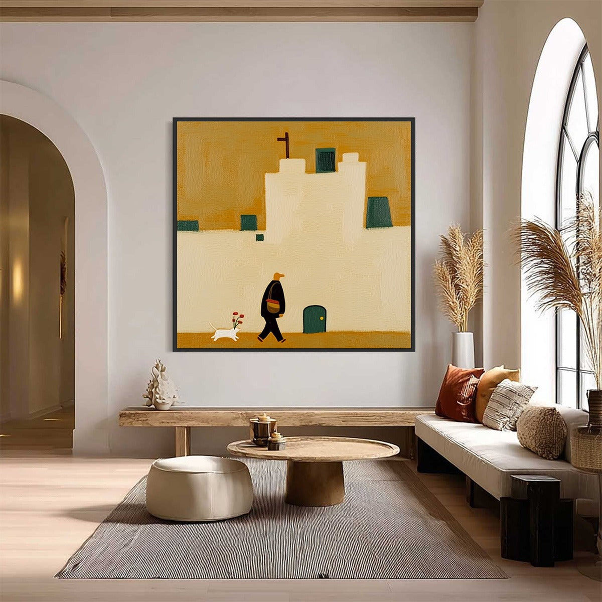 PILGRIM'S PATH: Minimalist Figurative Painting of a Spanish Village Scene
