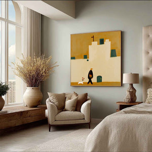 PILGRIM'S PATH: Minimalist Figurative Painting of a Spanish Village Scene
