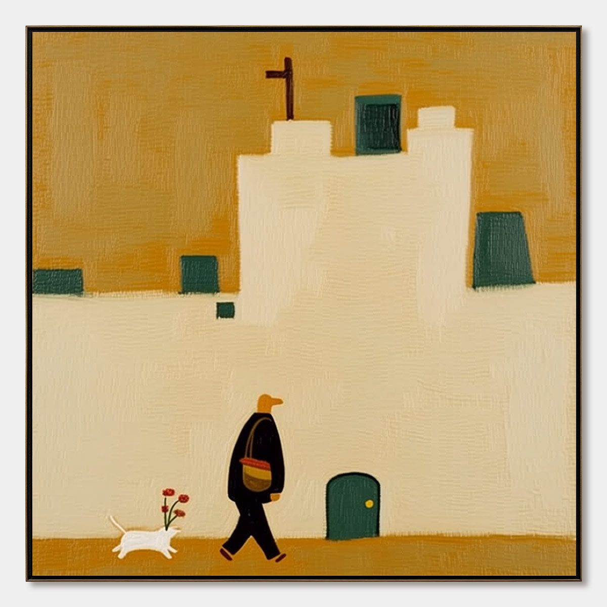 PILGRIM'S PATH: Minimalist Figurative Painting of a Spanish Village Scene