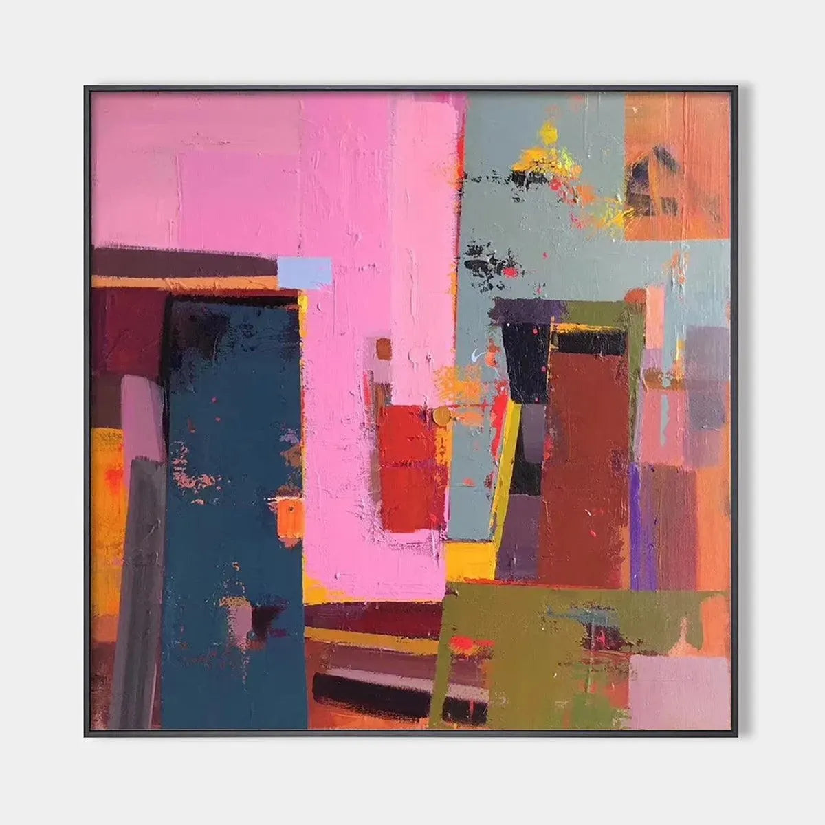 Pink and Green Urban Abstract square wall art, bold geometric shapes, impasto texture, vibrant pink, teal, green.