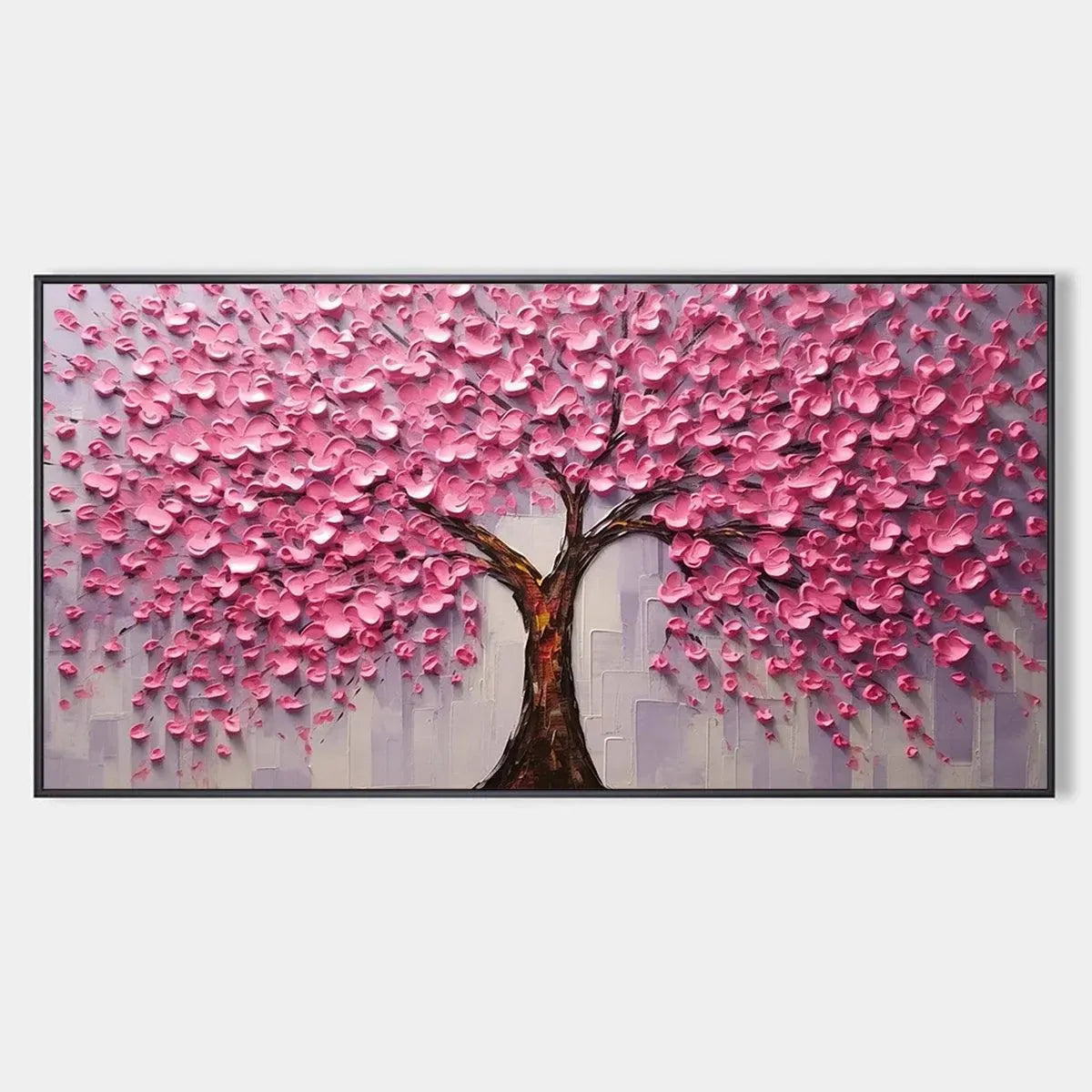 Pink Blossom Abundance: Impasto cherry blossom painting with textured pink petals and gray backdrop, horizontal wall art.
