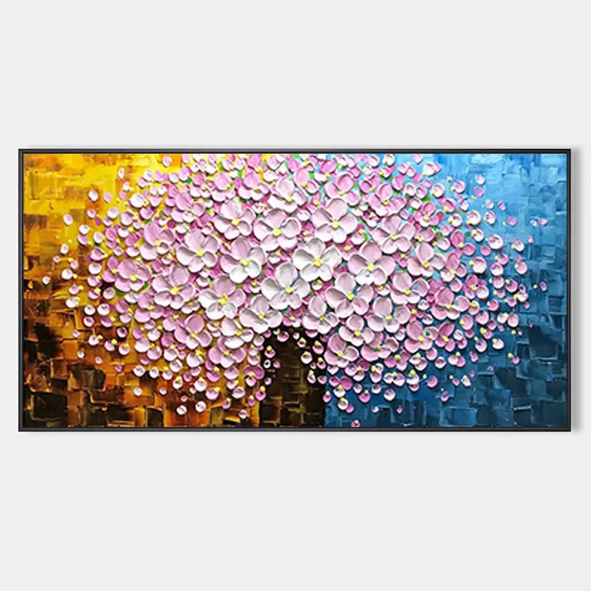 Textured pink and white floral impasto painting with golden-yellow and blue background, Pink Blossom Dream artwork