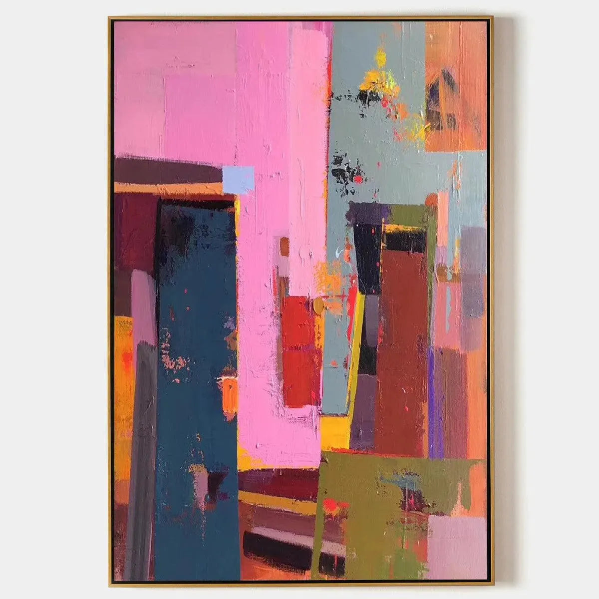 Pink City Abstract by Willow Davies. Modern, vertical wall art in pink, teal, red, and brown, gold framed.