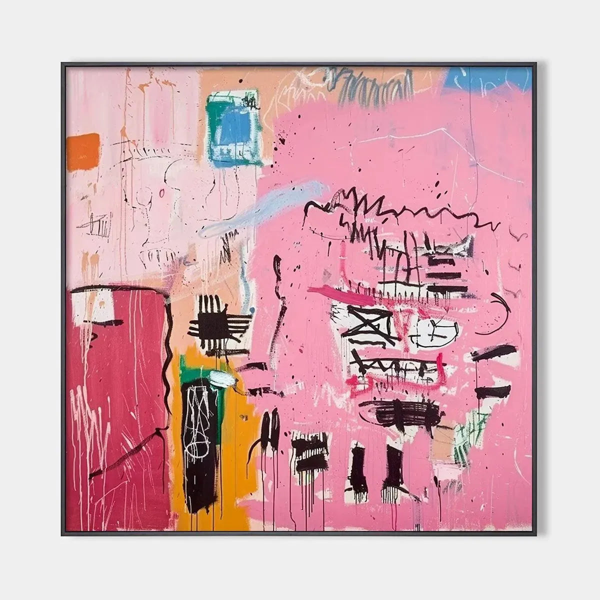 Pink Expression original abstract expressionist painting with vibrant pink, black marks, and colorful elements.