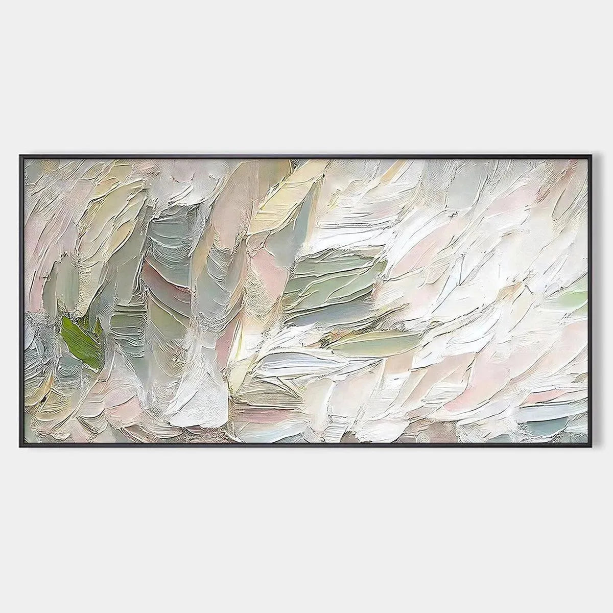 PINK WHISPERS: Original handmade abstract wall art by Elodie Dubois. Textured painting in pink and green, horizontal.