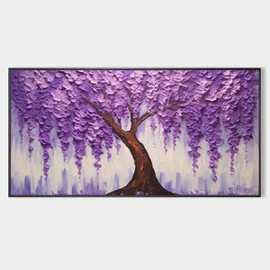 Original textured purple wisteria oil painting with cascading blossoms and impasto technique in black frame.