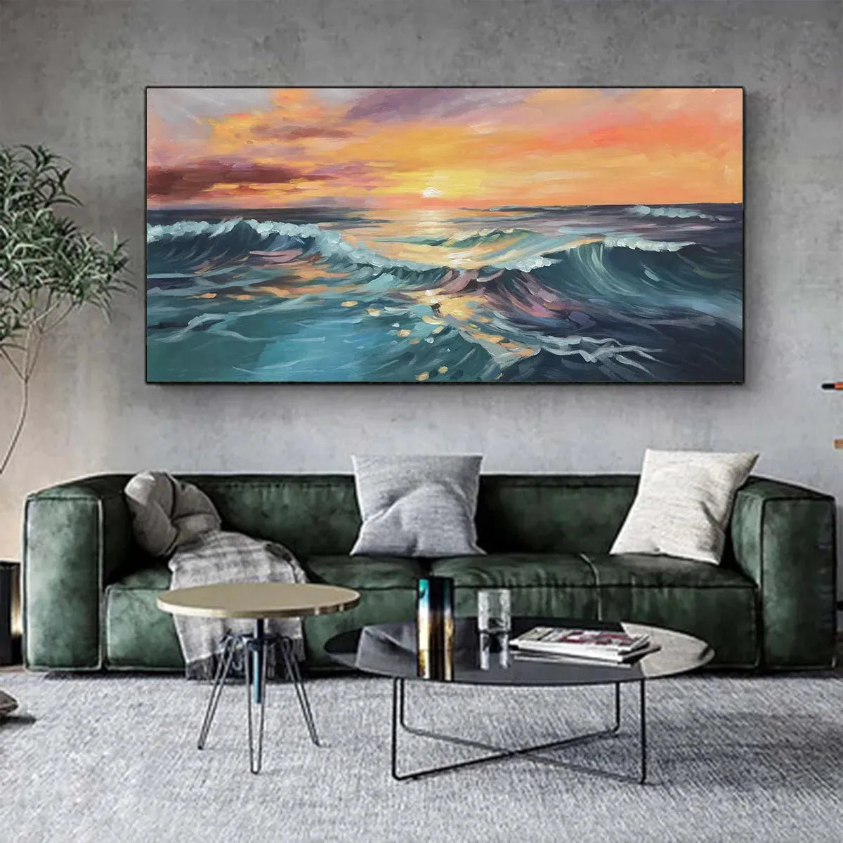 OCEAN'S EMBRACE: Panoramic Ocean Sunset Painting in Teal and Orange