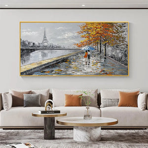 Parisian Autumn Stroll: Romantic Cityscape Oil Painting with Eiffel Tower on Canvas