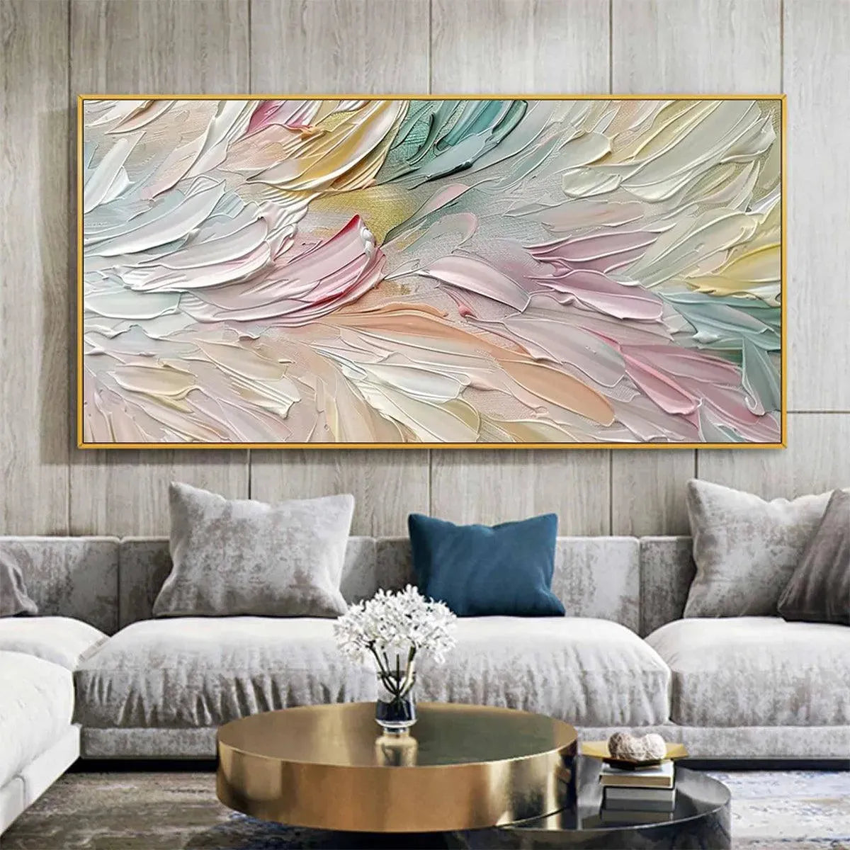 Pastel Dream by Isabella Rossi: Textured abstract painting in soft pastel colors, framed modern wall art.