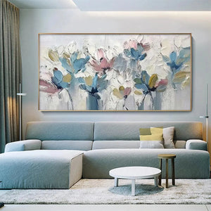 Panoramic impasto floral painting in soft pastel pink, blue, yellow and white, framed in gold. Impressionist wall art.