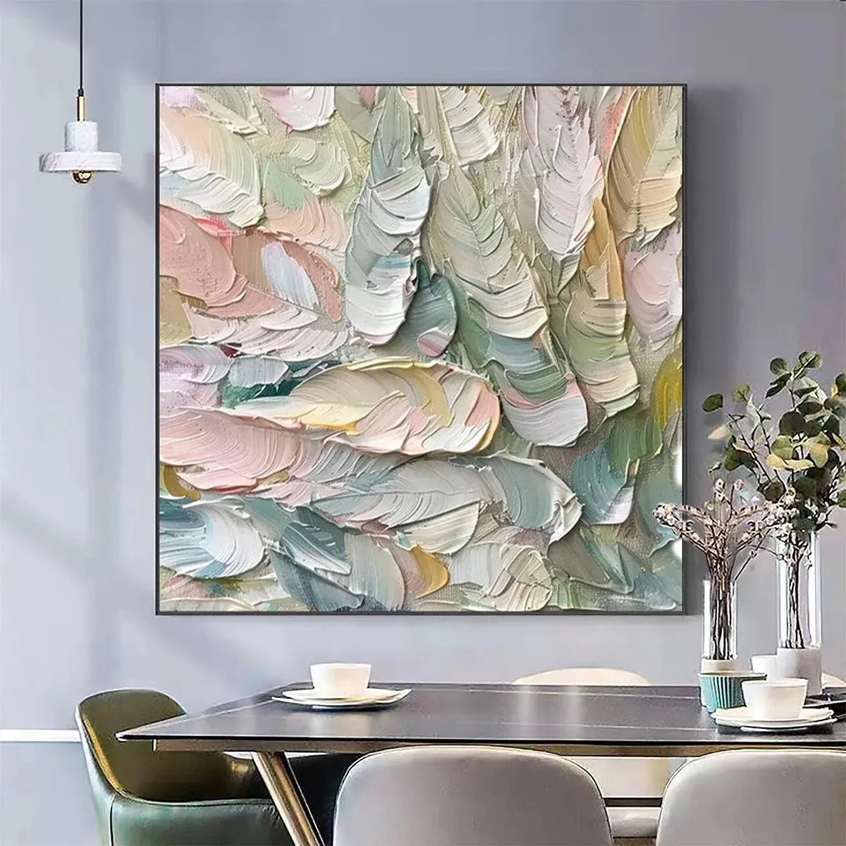Pastel Feathers: Textured Abstract Painting | Impasto Wall Art | Square Canvas | Dreamy Decor