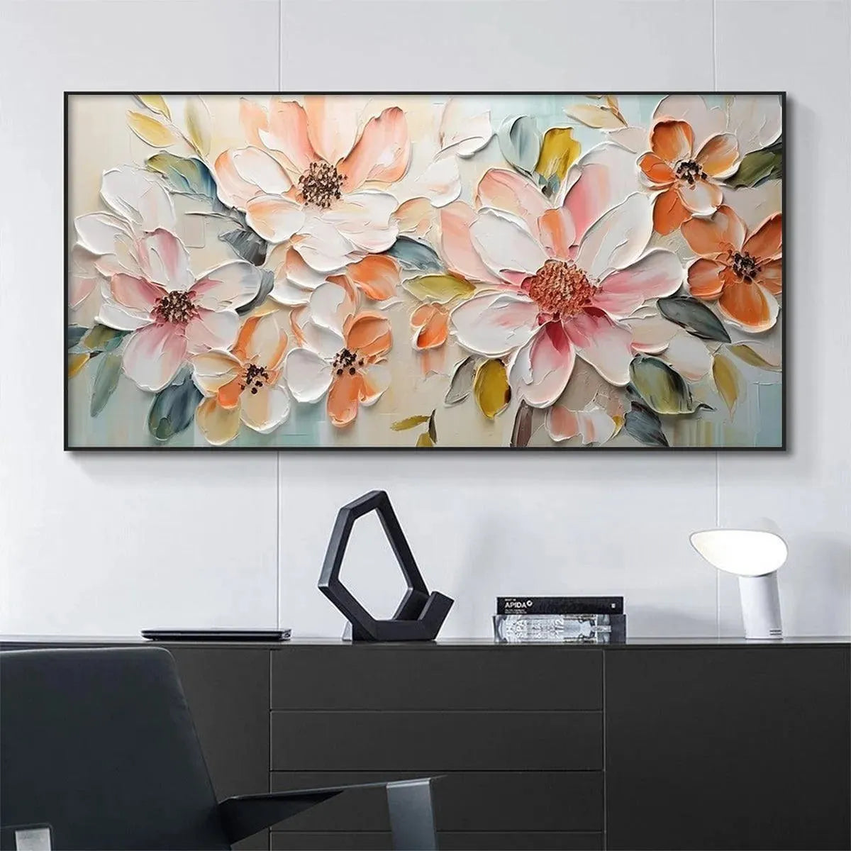 Peach Blossom impasto floral painting by Isabella Rossi, peach & white flowers, framed artwork for living room.