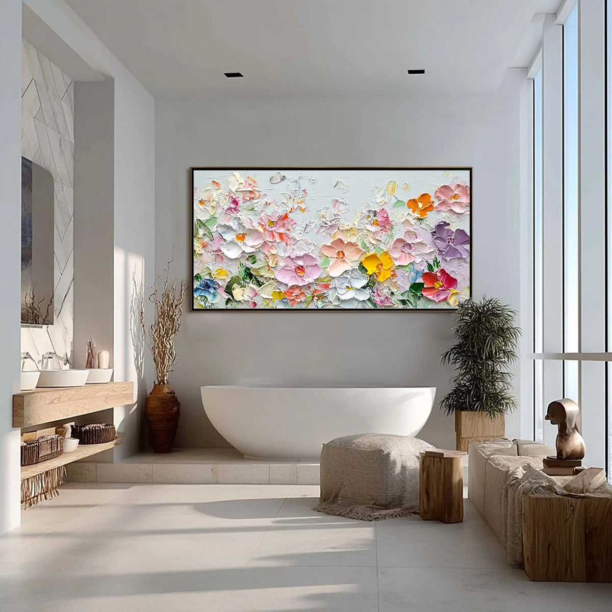 Petal Rain impasto floral oil painting – colorful textured wall art