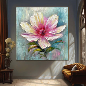 Blushing Bloom: Pink Flower Impasto Oil Painting Canvas Wall Art Home Decor