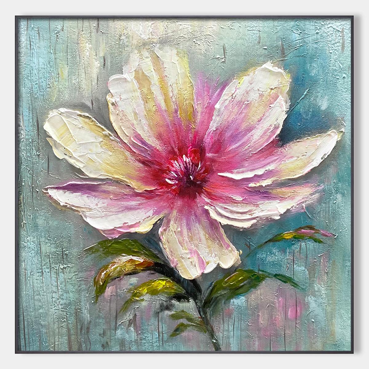 Blushing Bloom: Pink Flower Impasto Oil Painting Canvas Wall Art Home Decor