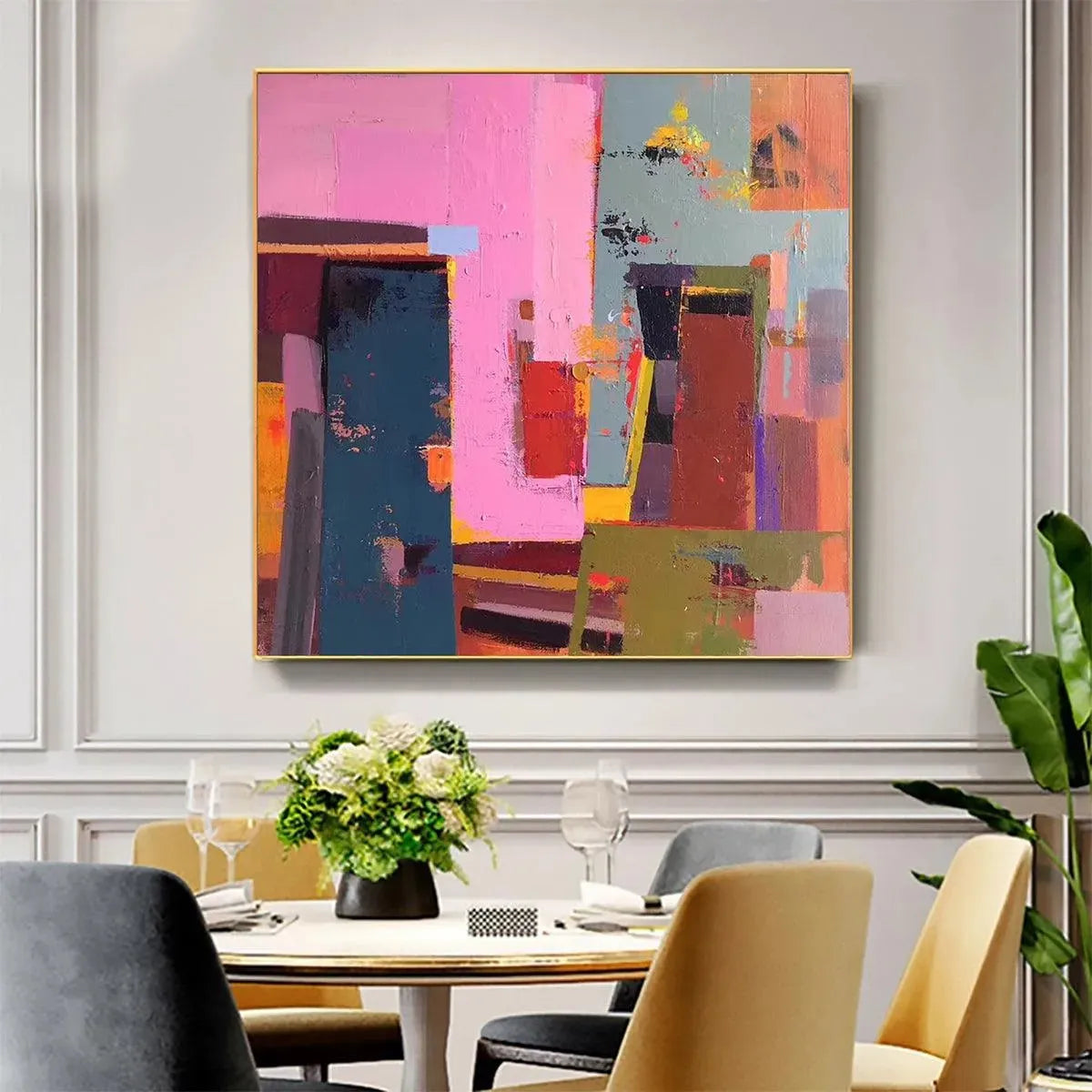 Pink and green urban abstract square art with impasto texture, bold geometric shapes.