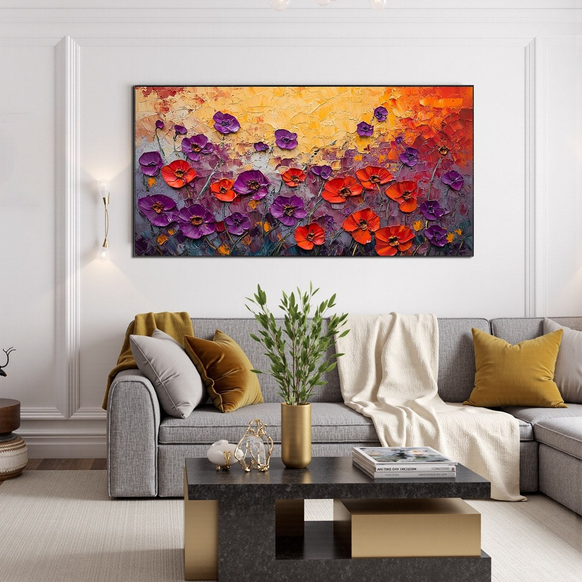Poppy Field Symphony: Original Impasto Floral Oil Painting - Textured Red and Purple Poppy Wall Art Decor