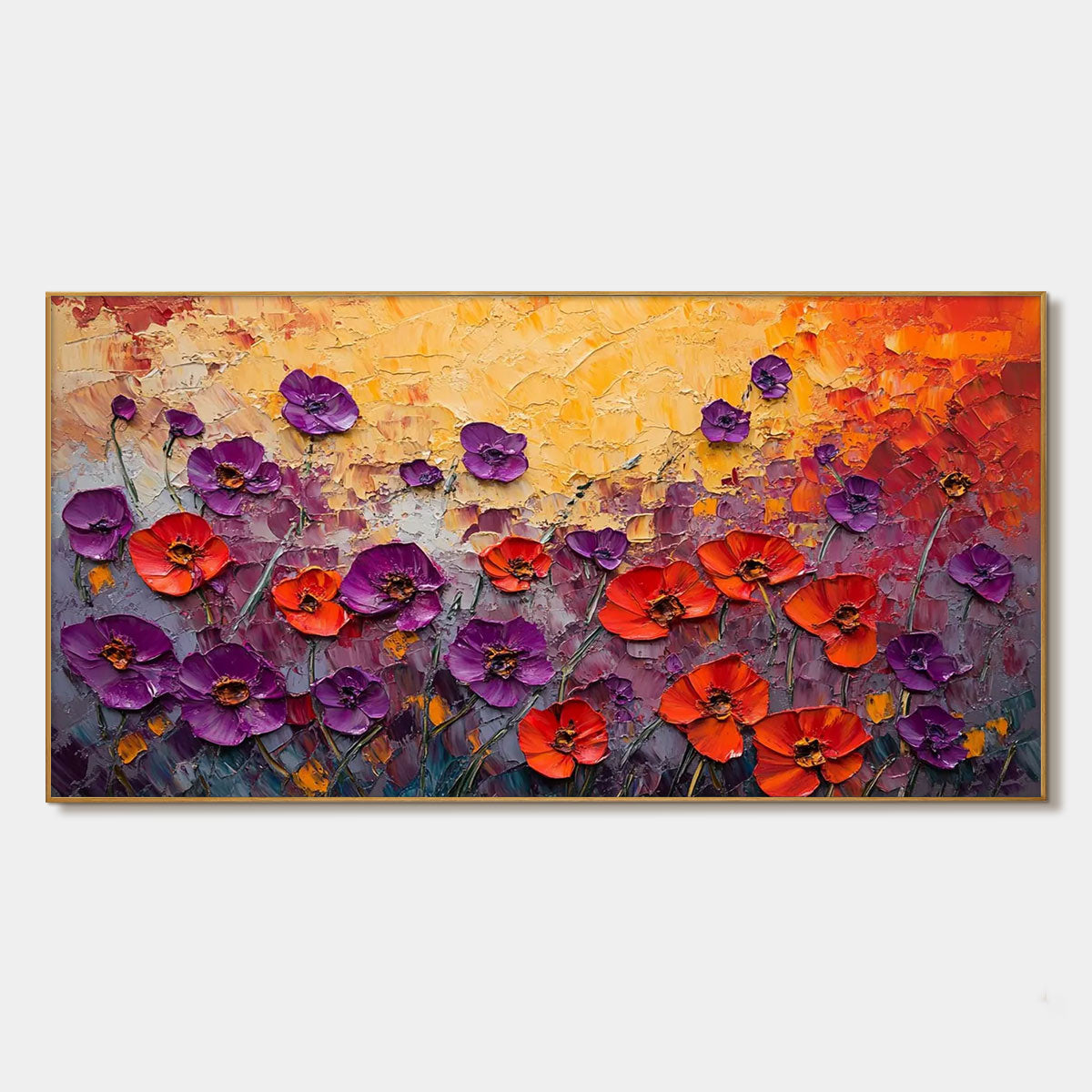 Poppy Field Symphony: Original Impasto Floral Oil Painting - Textured Red and Purple Poppy Wall Art Decor