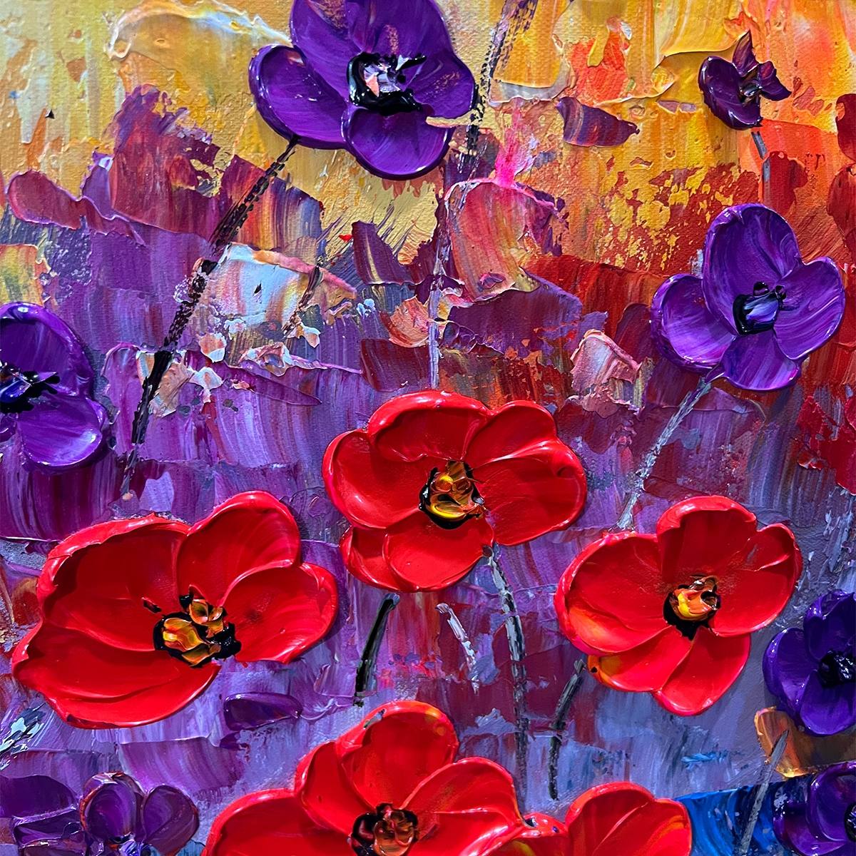 Poppy Field Symphony: Original Impasto Floral Oil Painting - Textured Red and Purple Poppy Wall Art Decor