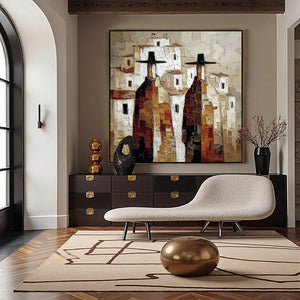 Pueblo Vigilantes Textured Abstract Cityscape Oil Painting