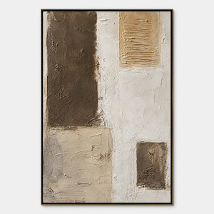 Neutral textured block abstract painting with beige, taupe and brown panels