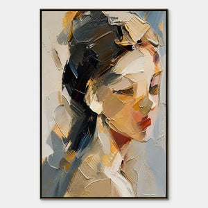 Textured female profile oil painting in warm neutrals, abstract modern wall art