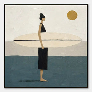 Minimalist surfer wall art with figure holding surfboard in beige, blue and gold tones