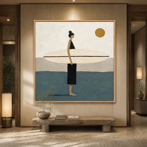 Minimalist surfer wall art with beige, blue and gold tones in a Japandi-style entryway.