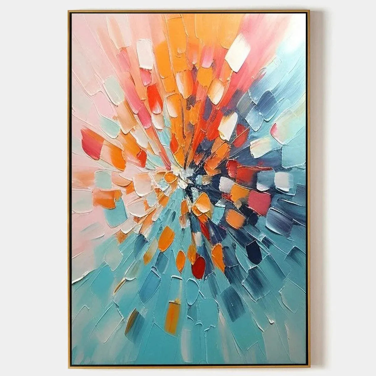 Vertical abstract impasto painting: "Radiant Burst" wall art. Vibrant orange, red, blue, pink texture, gold frame.