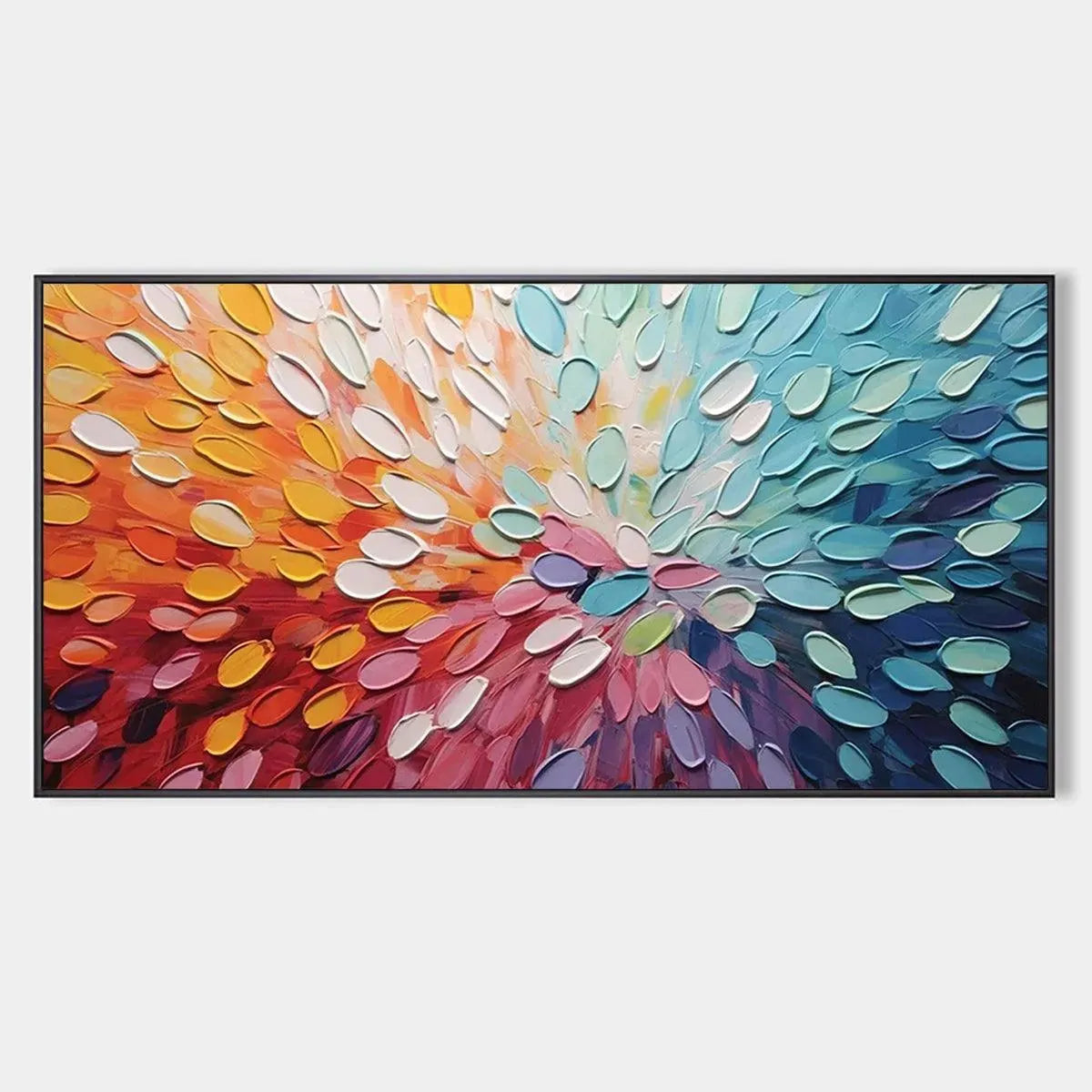 Rainbow Burst textured impasto abstract painting, vibrant rainbow colors, horizontal artwork.