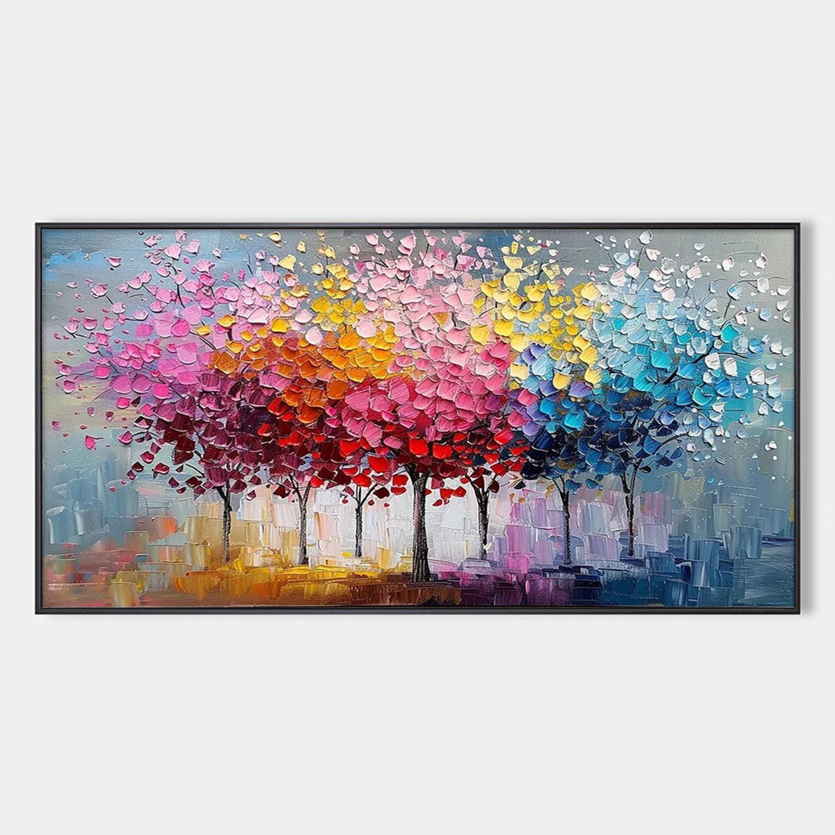 Rainbow Forest: Original Textured Impasto Trees Oil Painting - Colorful Landscape Wall Art