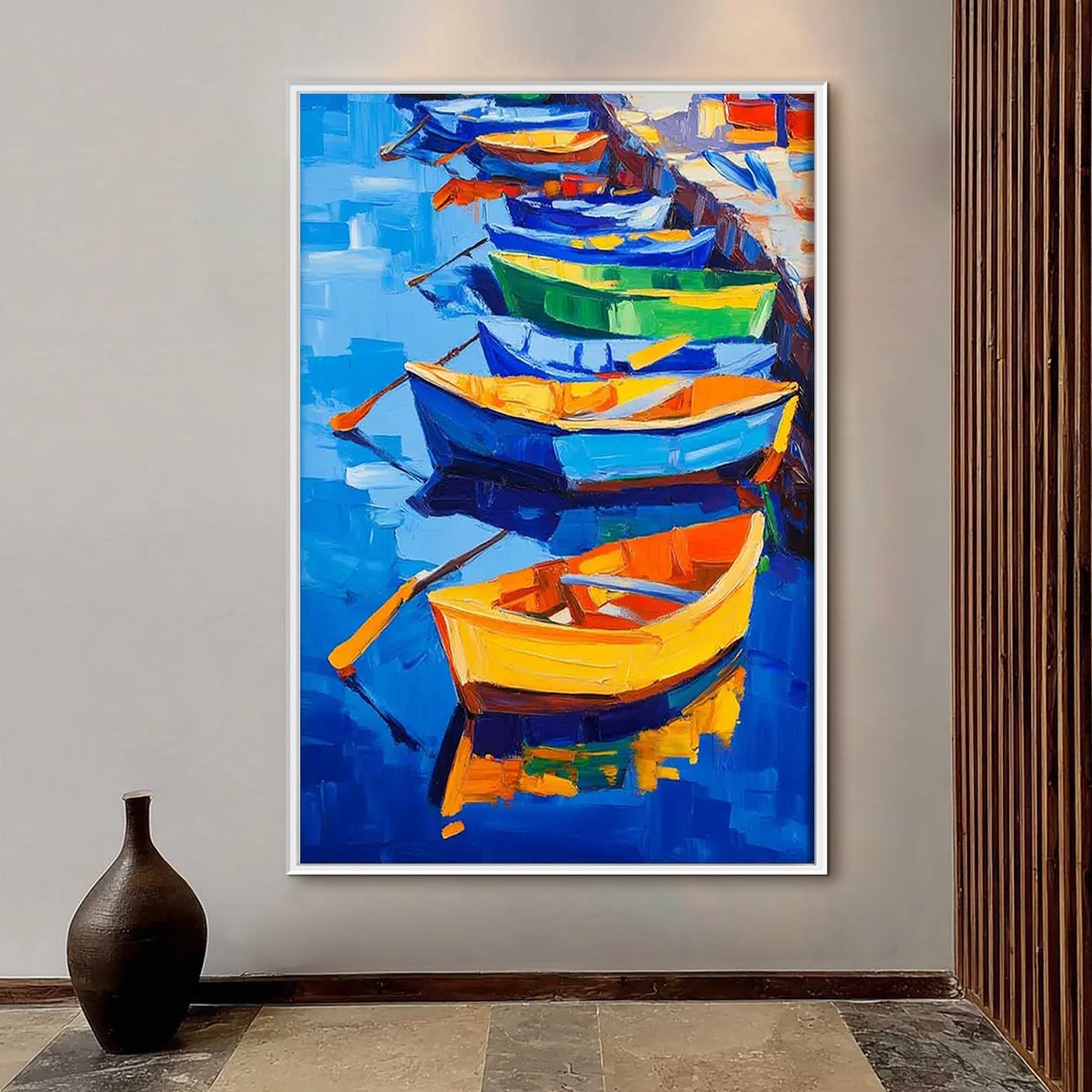 RAINBOW HARBOR Vibrant Impasto Boatscape Oil Painting