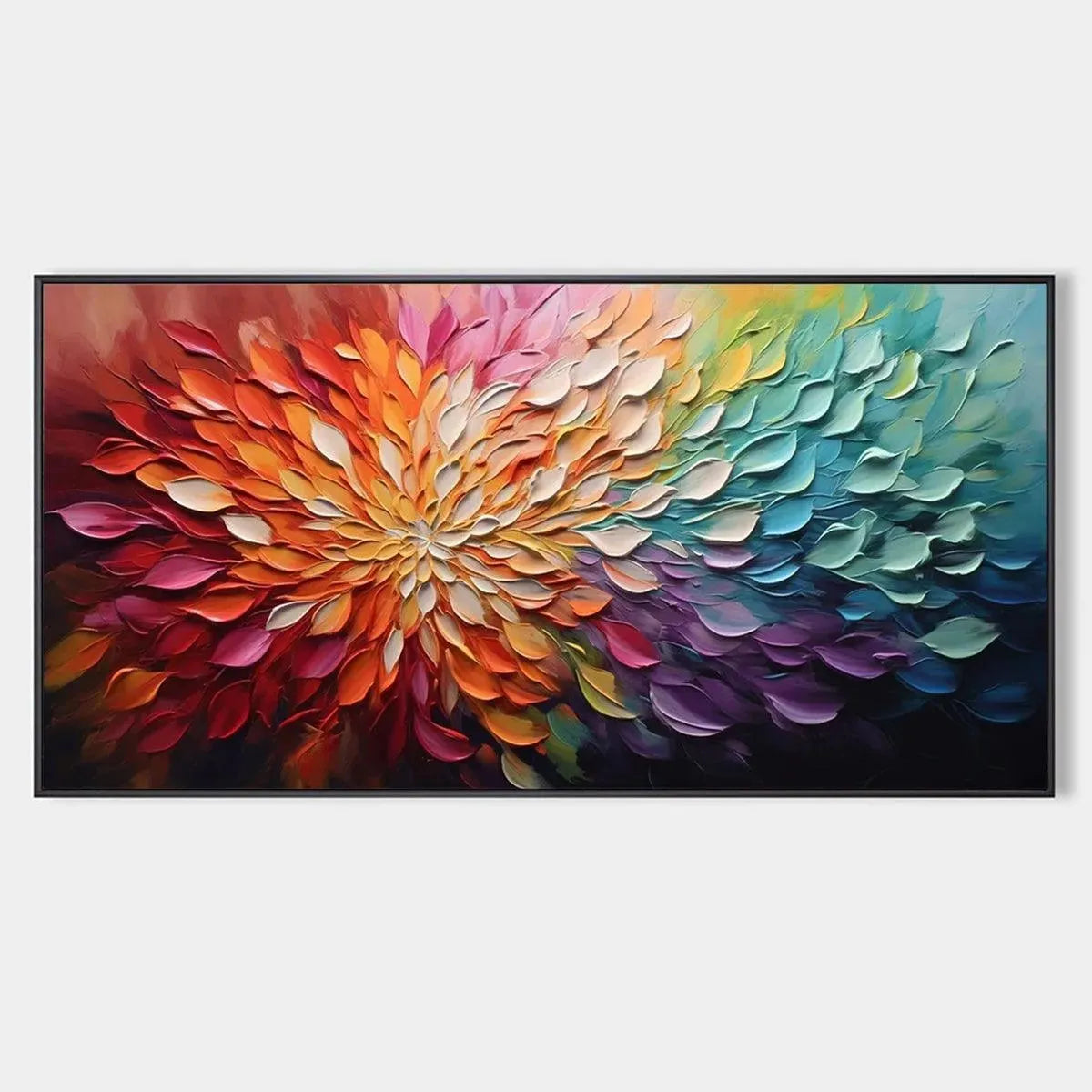 Rainbow Petals impasto floral painting by Willow Davies. Textured rainbow petals, framed, horizontal artwork.