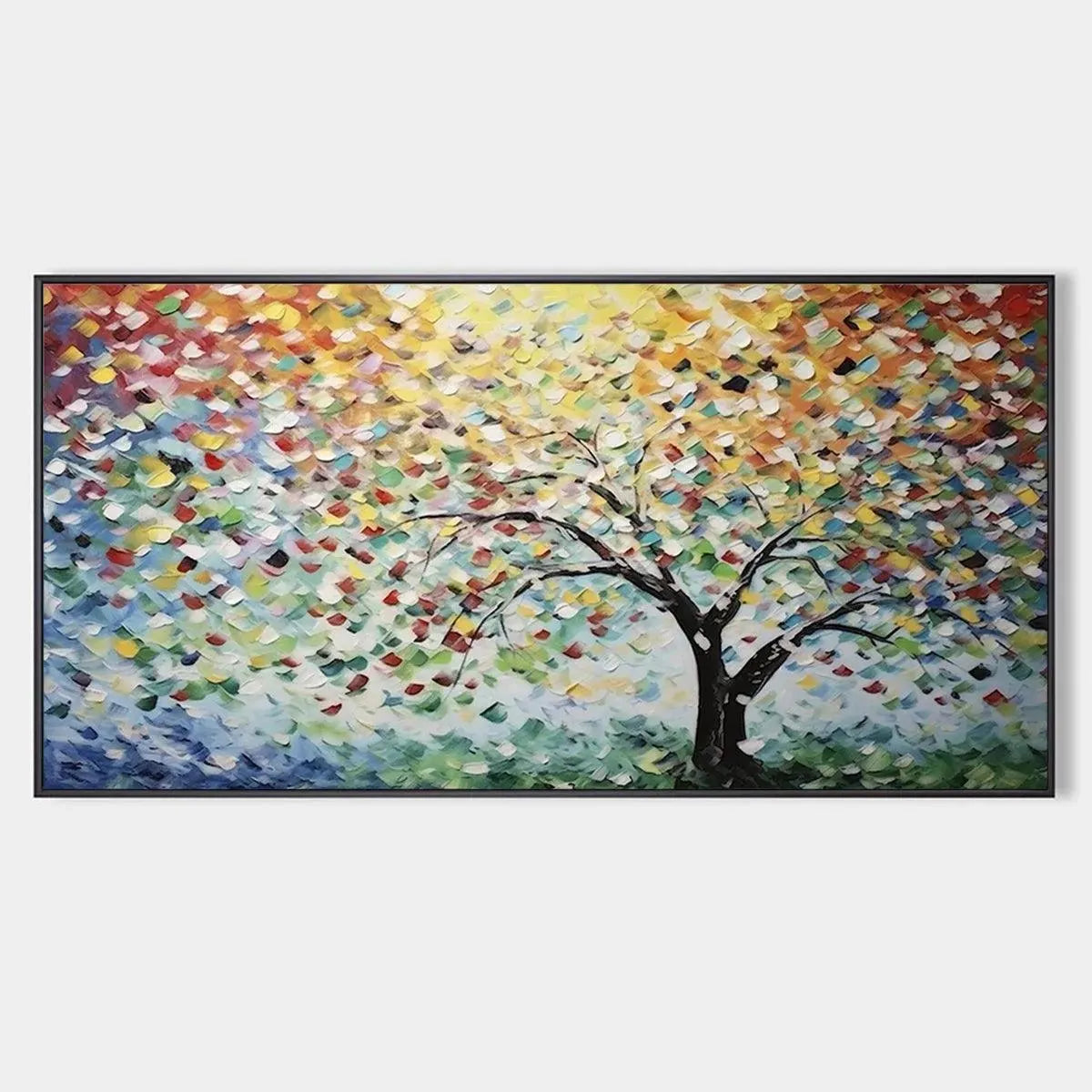 Original textured impasto wall art of a rainbow tree with vibrant multicolored leaves. Horizontal.