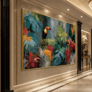 Textured toucan and jungle abstract wall art in gold frame