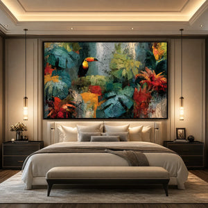 Textured toucan jungle wall art above a modern bed in a luxury bedroom