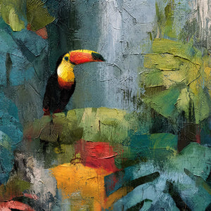 Textured toucan oil painting with vibrant jungle foliage in blue, green, and yellow tones