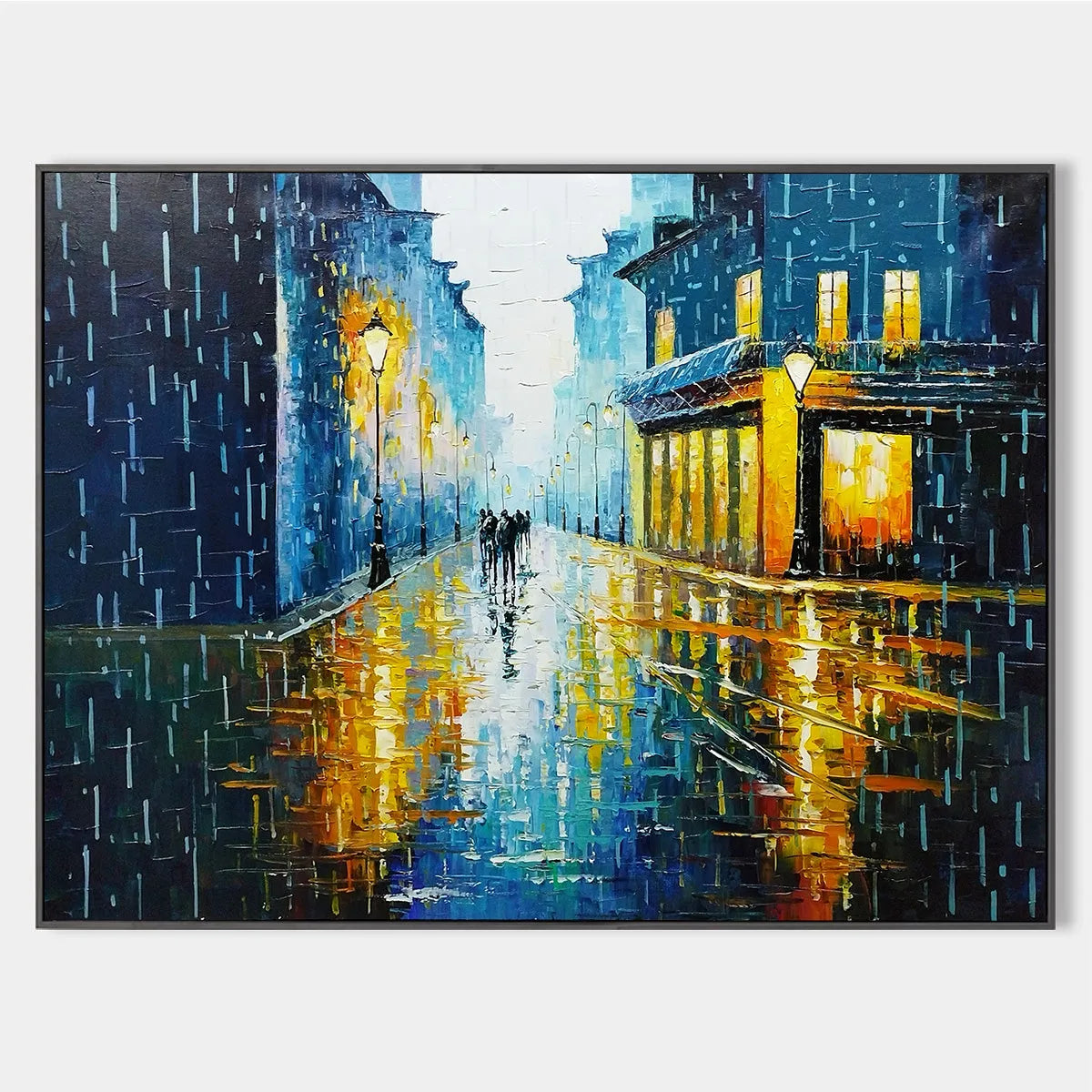 Textured Cityscape Painting, Rainy Street Scene, Blue, Living Room, Dining Room, Office