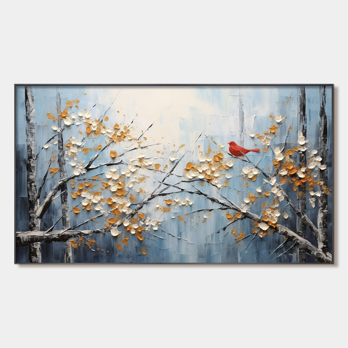 Red Bird on Branches: Horizontal Bird Painting | Blossoming Branches | Textured Wall Art | Blue