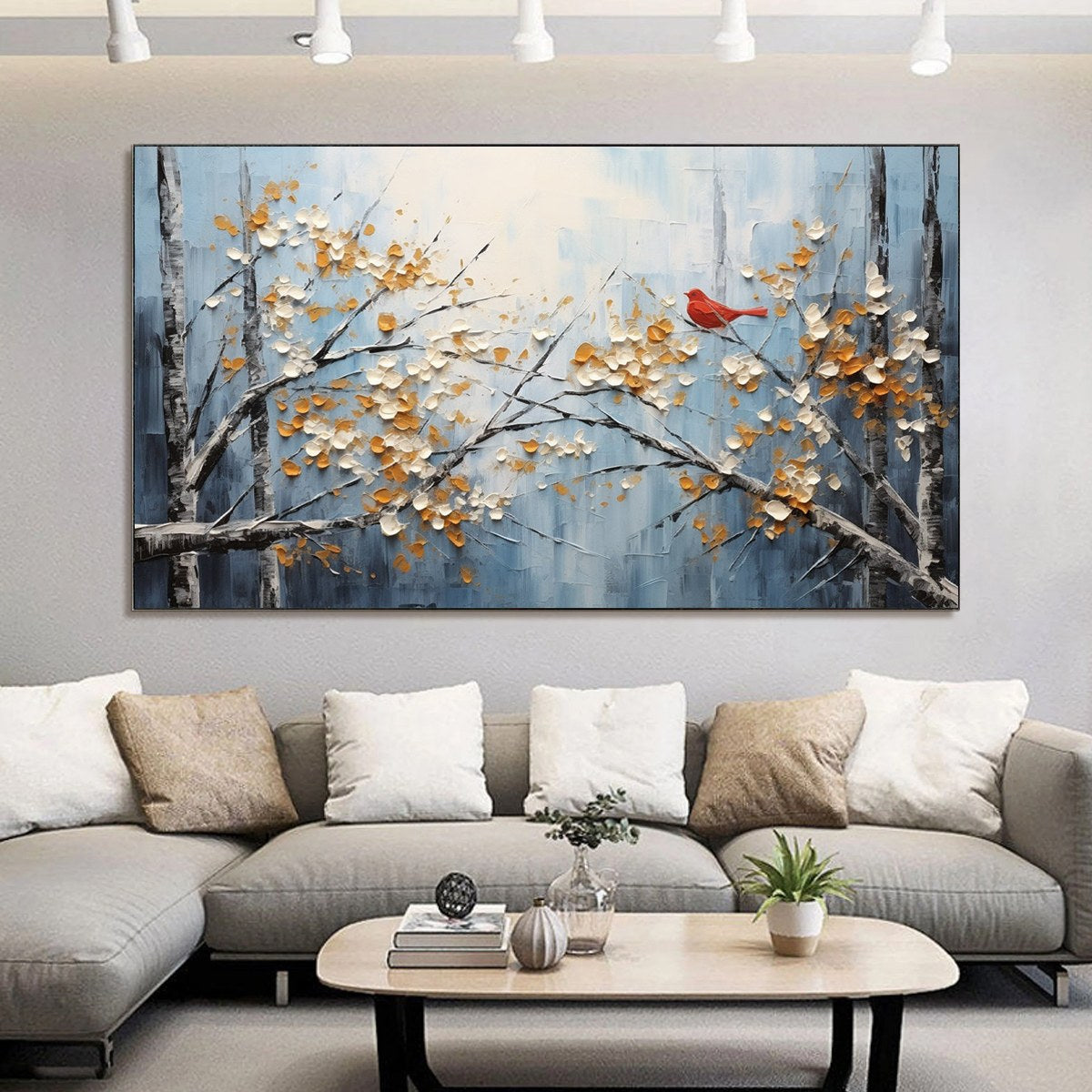 Red Bird on Branches: Horizontal Bird Painting | Blossoming Branches | Textured Wall Art | Blue