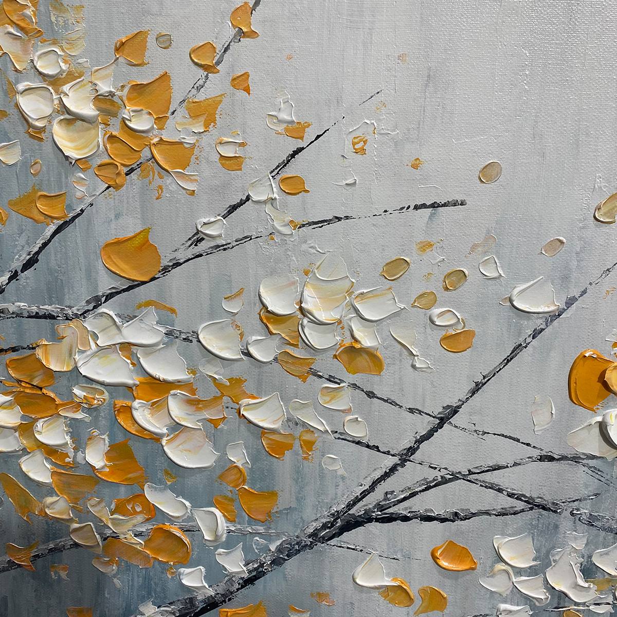 RED BIRD ON BRANCHES: Horizontal Impasto Painting, Bird on Blossoming Branches, Textured Wall Art, Blue