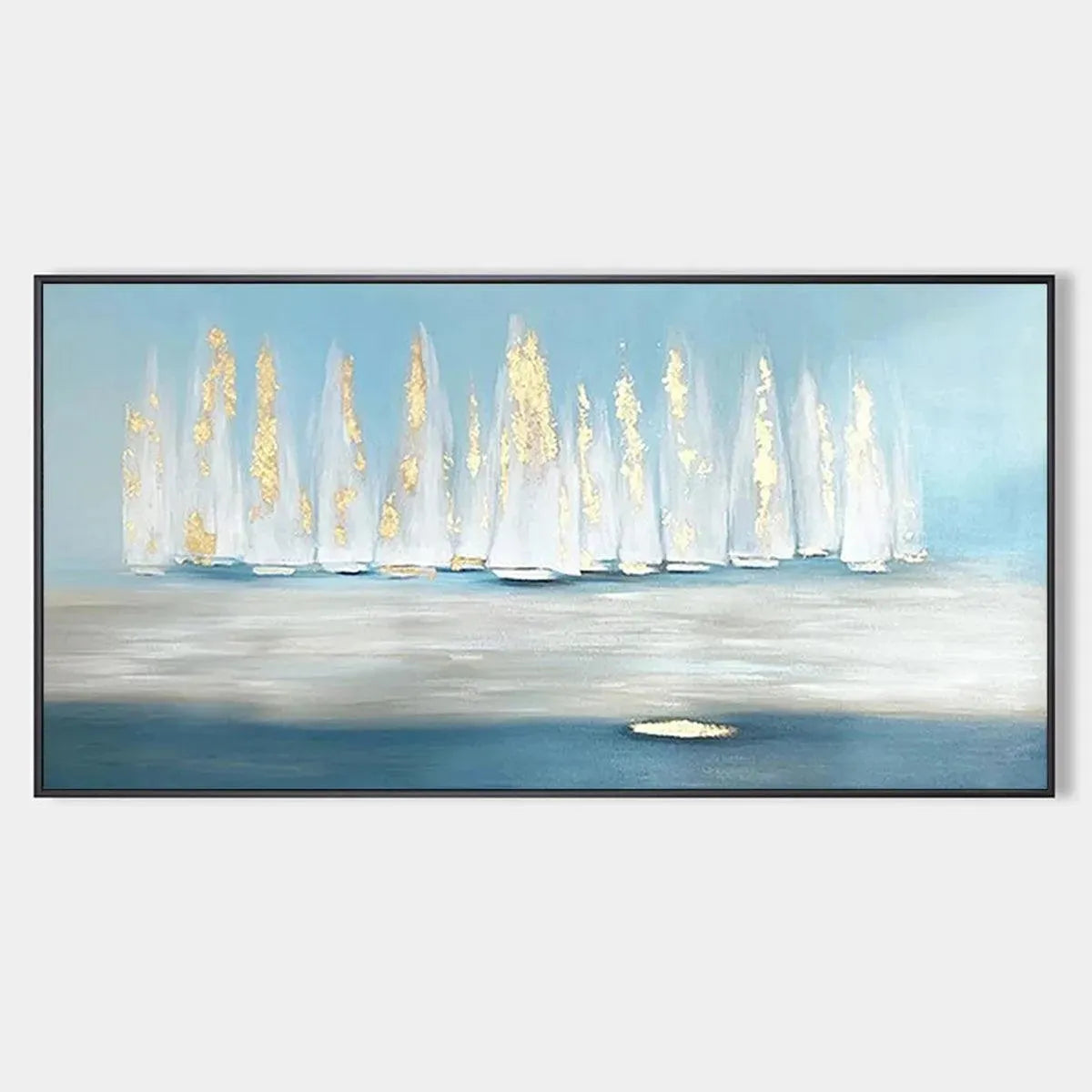 Abstract seascape painting, 'Golden Sails,' with white sailboats and shimmering gold accents on blue-grey water.
