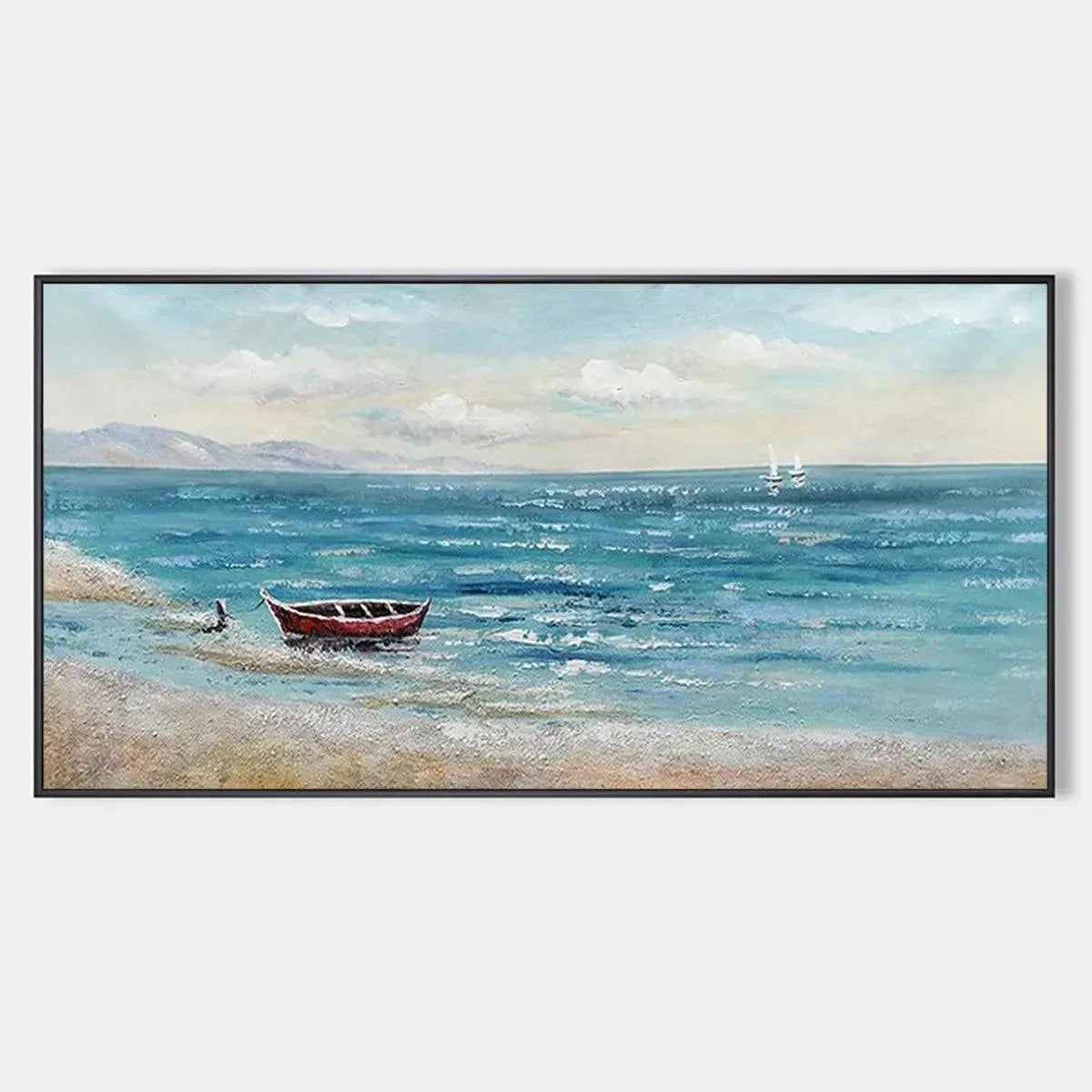 Framed Red Boat at the Shore oil painting, tranquil coastal scene with a red boat, blue sea, and sandy beach.