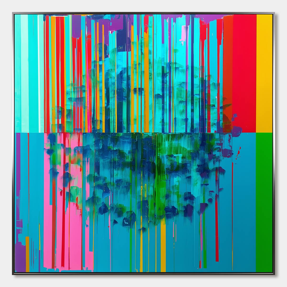 Abstract artwork with vertical color streaks on a white background