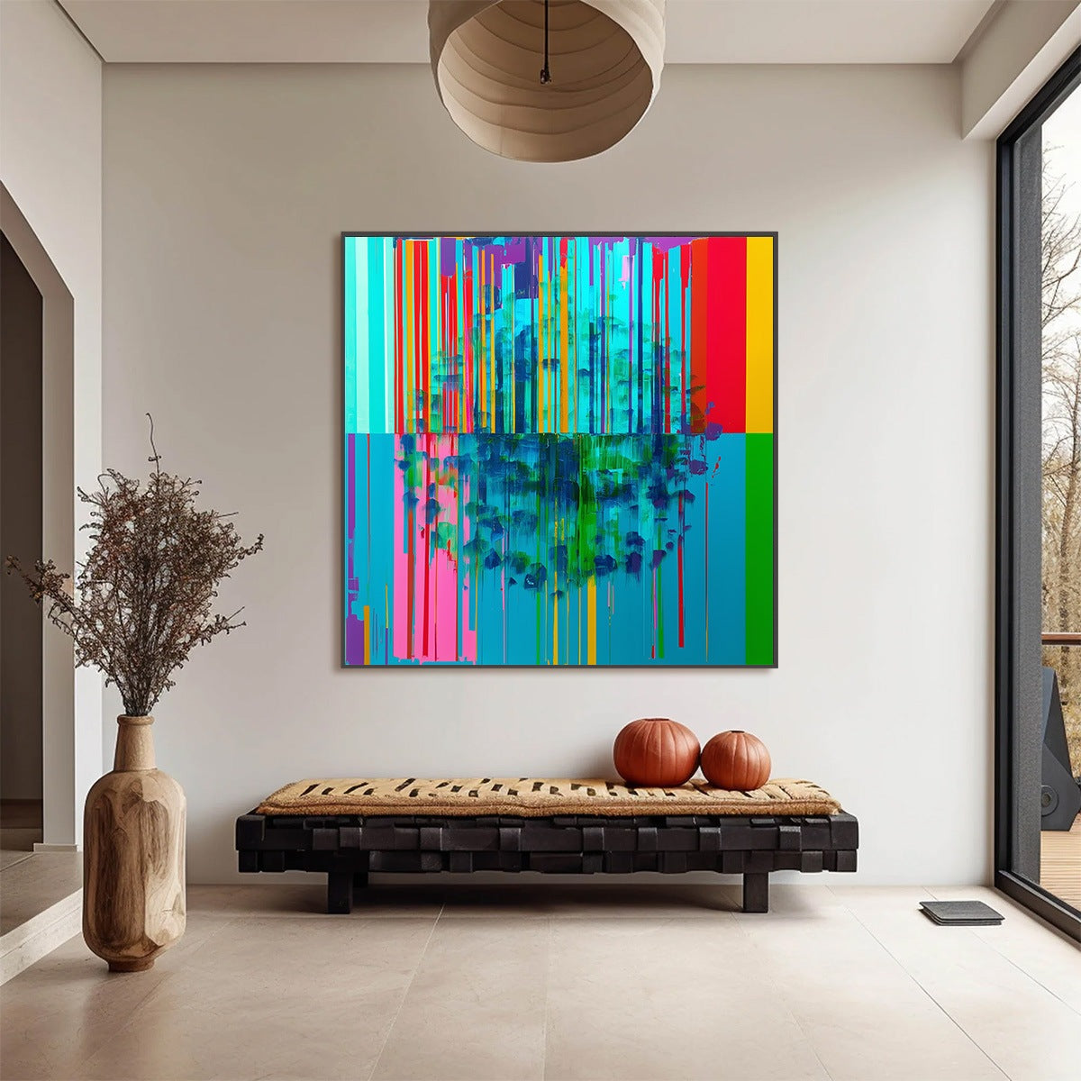 Modern interior with a colorful abstract painting on the wall, a wooden bench, and decorative items.