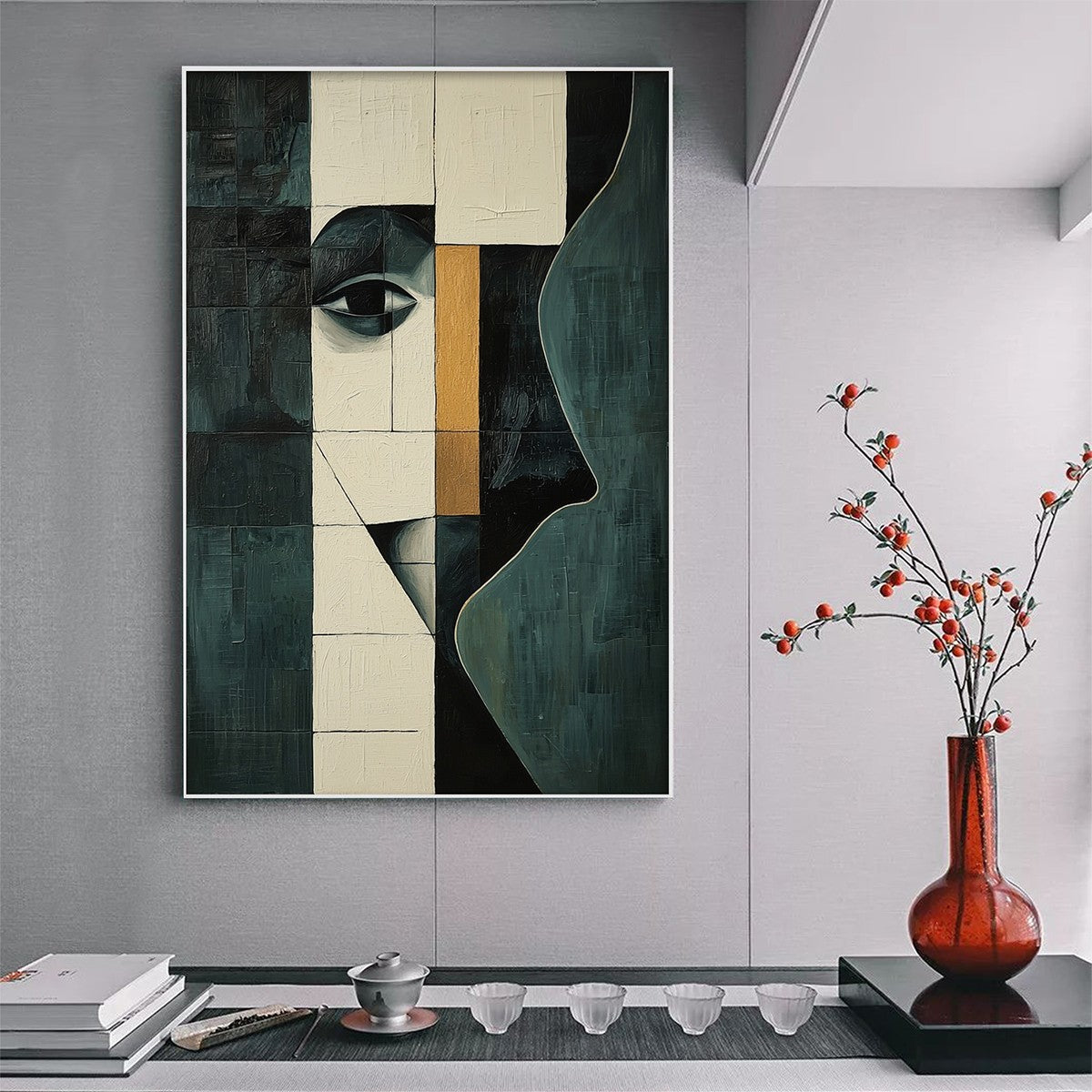 Reflection: Original Minimalist Abstract Portrait Oil Painting - Modern Geometric Wall Art Decor